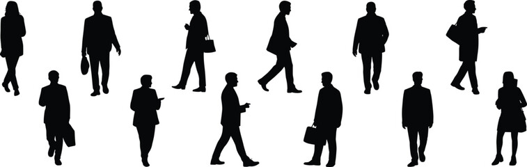 Walking people silhouettes, business crowd, city commuters, urban lifestyle, daily routine, teamwork concept, office workers, professional movement, corporate illustration, modern life