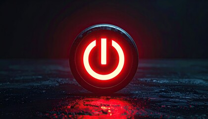 Glowing Red Power Button Symbol On A Dark Textured Surface With Water Droplets Reflecting The Light