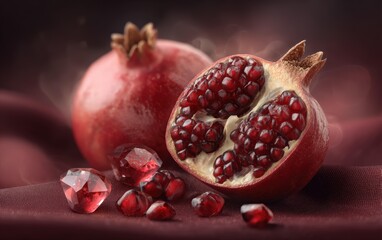 Opulent pomegranate image with open fruit revealing red seeds, and gemstones, with a dark and luxurious aesthetic perfect for high-end themes.