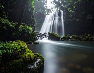 Serene waterfall cascades into a tranquil pool surrounded by lush greenery