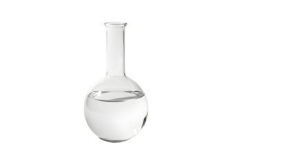 Glass round bottom laboratory flask with clear liquid isolated on white background