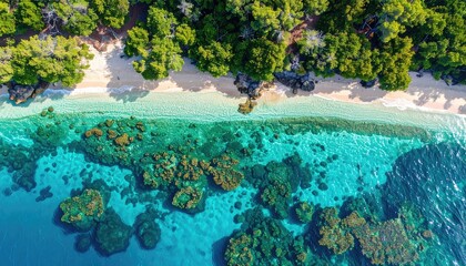 Remote Tropical Beach From Above With Lush Green Palm Forest Contrasting The Crystal Clear Turquoise Sea And Sunlit Coral Reefs Below Showing A Serene Unspoiled Paradise In Bright Daylight