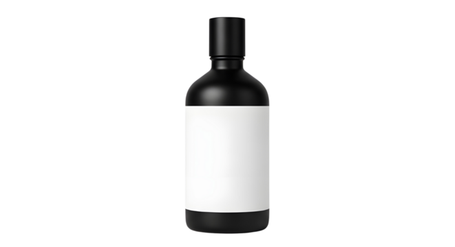 Black glass bottle mockup with blank white label isolated on white background