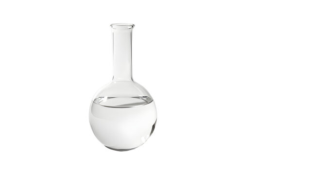 Glass round bottom laboratory flask with clear liquid isolated on white background