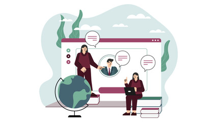 Flat Design Online Collaboration with Global Team Flat Vector Illustration