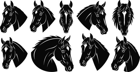 Horse head silhouette set, stylized equine faces, mane variations, black icons, artistic animal portraits, flat vector illustration, design asset © MdNaimurRahaman