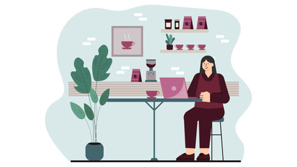 Flat Design Digital Nomad Working at Cafe Flat Vector Illustration