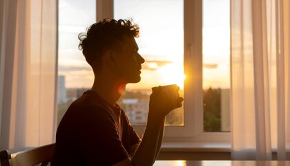 Young Man Silhouetted Against Golden Sunset, Holding Coffee Cup by Window