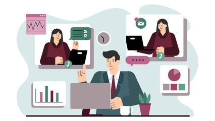 Remote Business Team Brainstorming Online Flat Vector Illustration