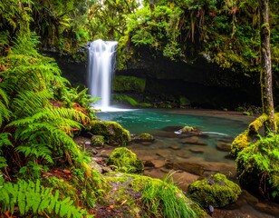 Serene waterfall cascading into a clear pool surrounded by lush foliage