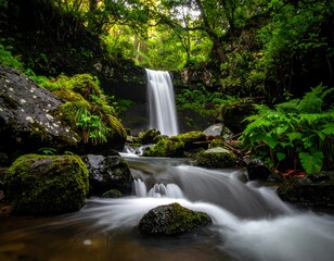 Serene waterfall cascading into a clear stream, surrounded by lush foliage