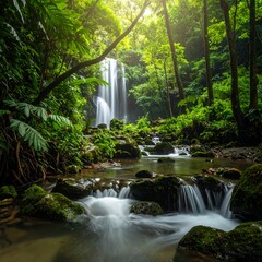 Serene waterfall cascading into a crystal clear stream, surrounded by lush, vibrant greenery