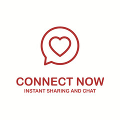 Connect Now Instant Sharing and Chat Logo with a Red Heart inside a Speech Bubble Icon, Symbolizing Social Media, Online Communication, Love, Messaging Apps, and Digital Connection Services