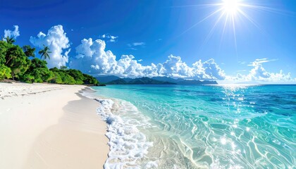 Tropical Island Beach Paradise Under Bright Sunlight With Lush Green Palm Trees And Turquoise Water Gentle Waves Washing Ashore On White Sand
