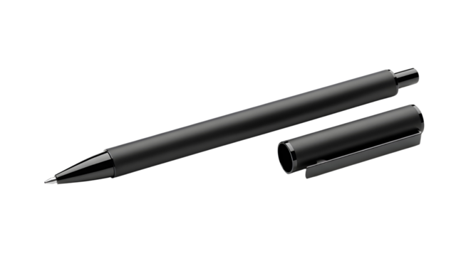 Black ballpoint pen with cap off isolated on white background