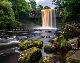 Serene waterfall cascading into a flowing river amid lush greenery