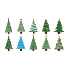 Decorated Christmas Tree Doodle Collection: Ten Hand-Drawn Pine Tree Illustrations in a Simple Crayon/Chalk Sketch Style with Ornaments, Garlands, and Star Toppers for Festive Holiday Design.