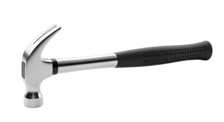 Steel claw hammer with black rubber handle isolated on white background