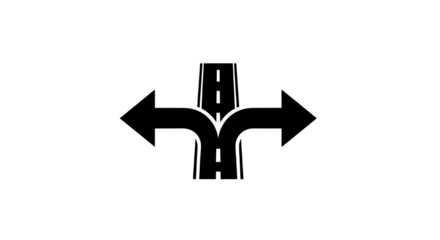 Road splitting with arrows pointing left and right on white background