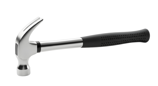 Steel claw hammer with black rubber handle isolated on white background