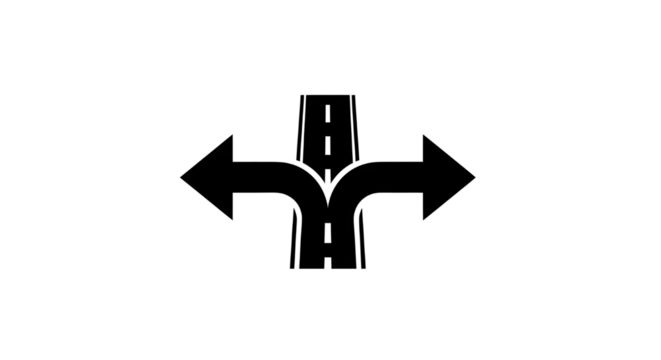 Road splitting with arrows pointing left and right on white background