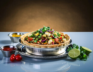 Delicious savory pie filled with meat and vegetables sits on a silver platter with sauces and limes, ready to be served, creating a tempting culinary experience.