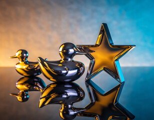 Shiny metal ducks and star reflect on a dark surface with golden and blue light creating a festive and luxurious atmosphere.