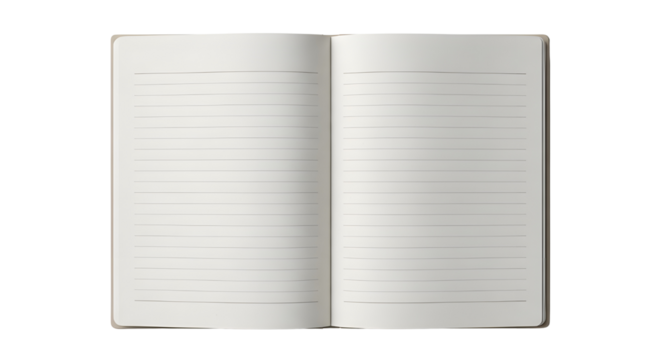 Open notebook with blank lined pages on white background