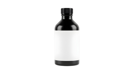Black plastic bottle with blank label on white background