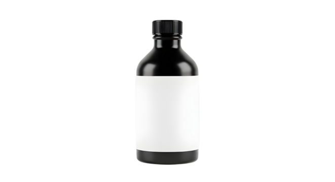 Black plastic bottle with blank label on white background