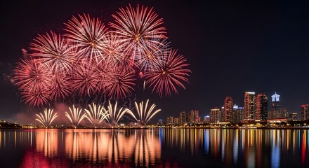 Dazzling Red Fireworks Golden Bursts Over City Skyline Reflected in Calm Water at Night.