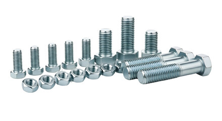 Set of new shiny metal bolts and nuts on white background