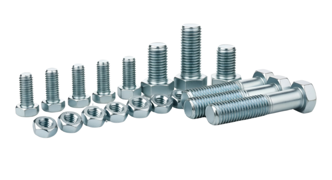 Set of new shiny metal bolts and nuts on white background