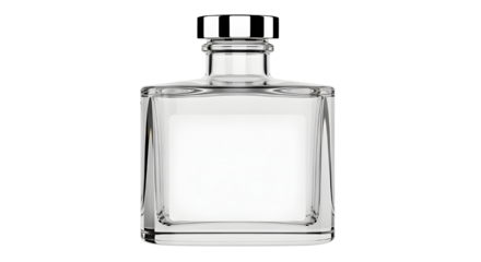 Empty square glass bottle with silver cap isolated on white background