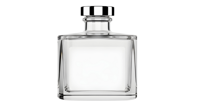 Empty square glass bottle with silver cap isolated on white background