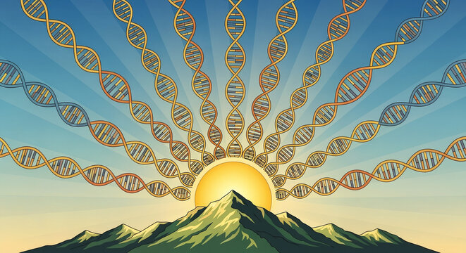 Genetic Sunrise and Biotechnology Breakthrough Concept - DNA Helix Rays Over Mountain Landscape