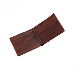 Open and empty matte brown leather folding wallet isolated on white background