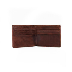 Open and empty matte brown leather folding wallet isolated on white background