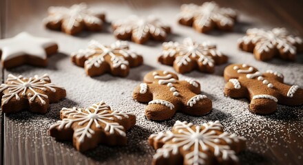 Fototapeta premium Warmly Lit Gingerbread Men and Iced Snowflakes Resting in a Wintery Sugar Snow.