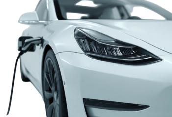 White electric vehicle front detail with charger plugged in