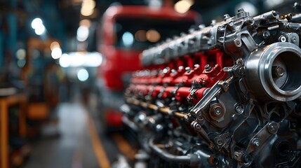 Fototapeta premium Close-up of Complex Truck Engine with Red Accents in Manufacturing Plant