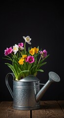 A vintage metal watering can overflows with vibrant spring flowers, symbolizing new growth and outdoor gardening joy ,vibrant ,springtime ,green