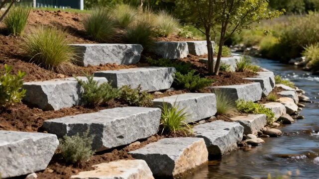 Medium shot focusing on a combination of riprap and vegetation along a stream demonstrating integrated erosion control methods blending natural and engineered solutions.