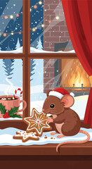 A cute mouse wearing a Santa hat enjoys a star-shaped cookie by a snowy window.