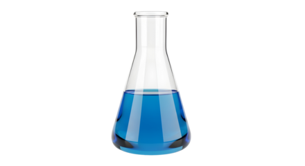 Erlenmeyer flask containing blue liquid on white background