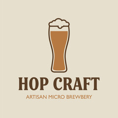 Vintage Logo Design of Hop Craft Beer Glass with Foam for Artisan Micro Brewery and Craft Beverage Business or Company Branding Identity Concept Vector Illustration Minimalist Outline Style.