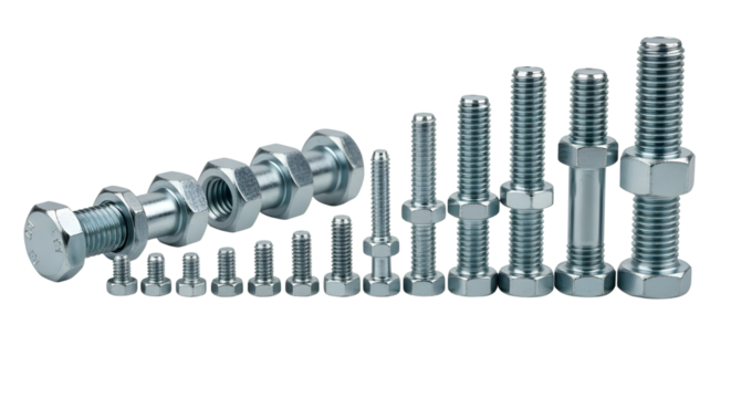 Set of hex bolts and nuts arranged in increasing size on white background