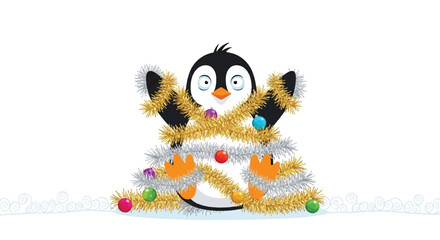 A cute cartoon penguin is sitting in the snow, tangled in gold and silver tinsel and colorful Christmas ornaments.