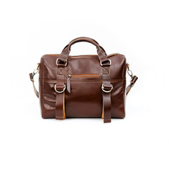 Beautiful dark brown leather bag for women on white background