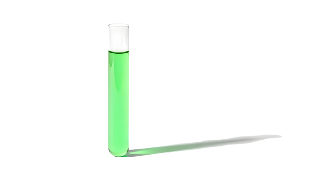 Test tube with green liquid on white background